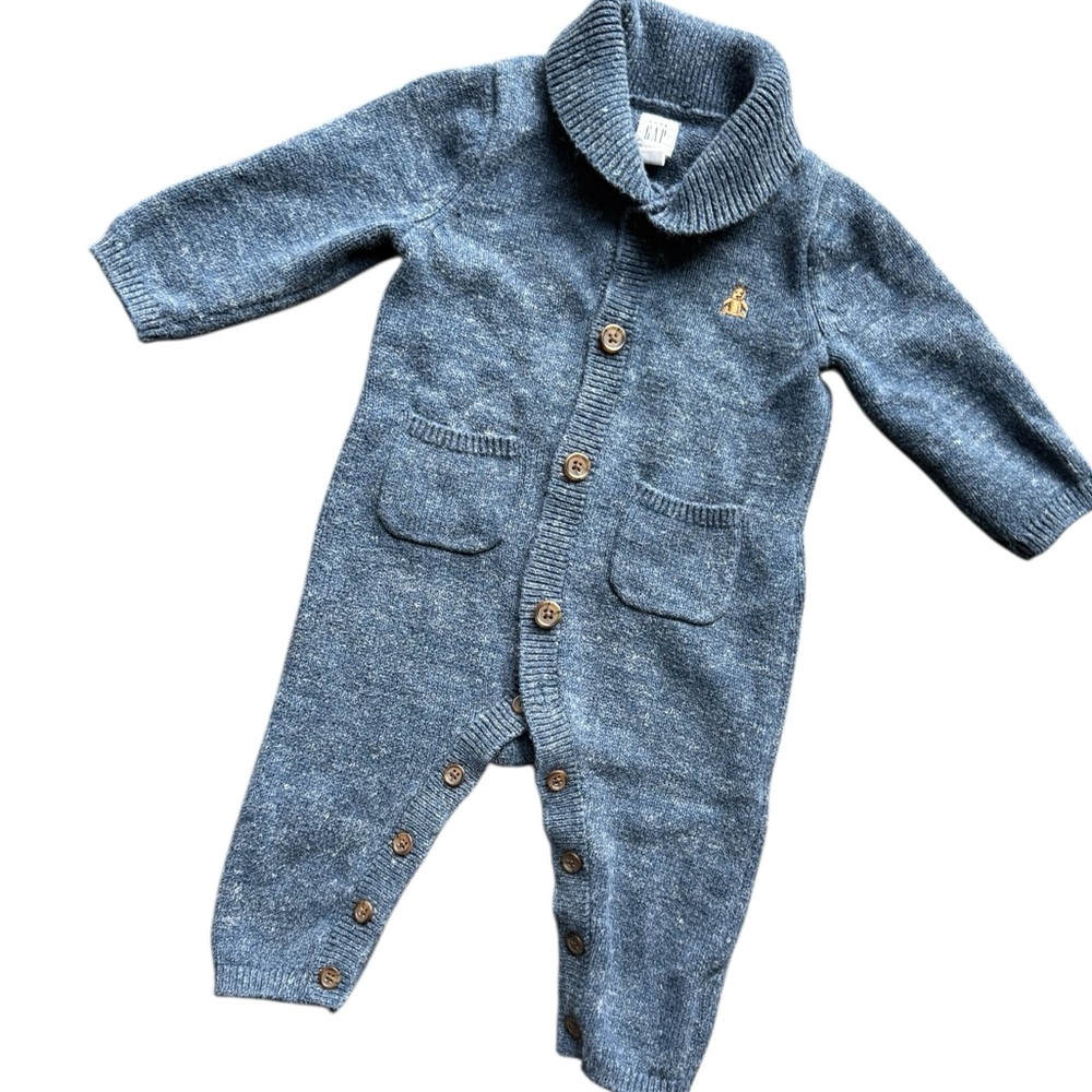 Gap Cotton Knit sweater onesie, denim blue, buttons, soft, Size 3-6month